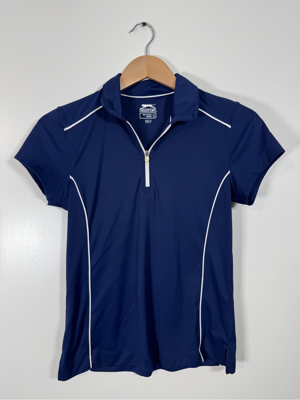 WAT5 {Slazenger} Navy Blue White Short Sleeve Quarter Zip 1/4 Golf Polo Shirt